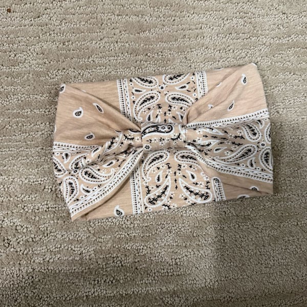 Women's Tan Bandana Paisley Print Wide Elastic Knotted Headband