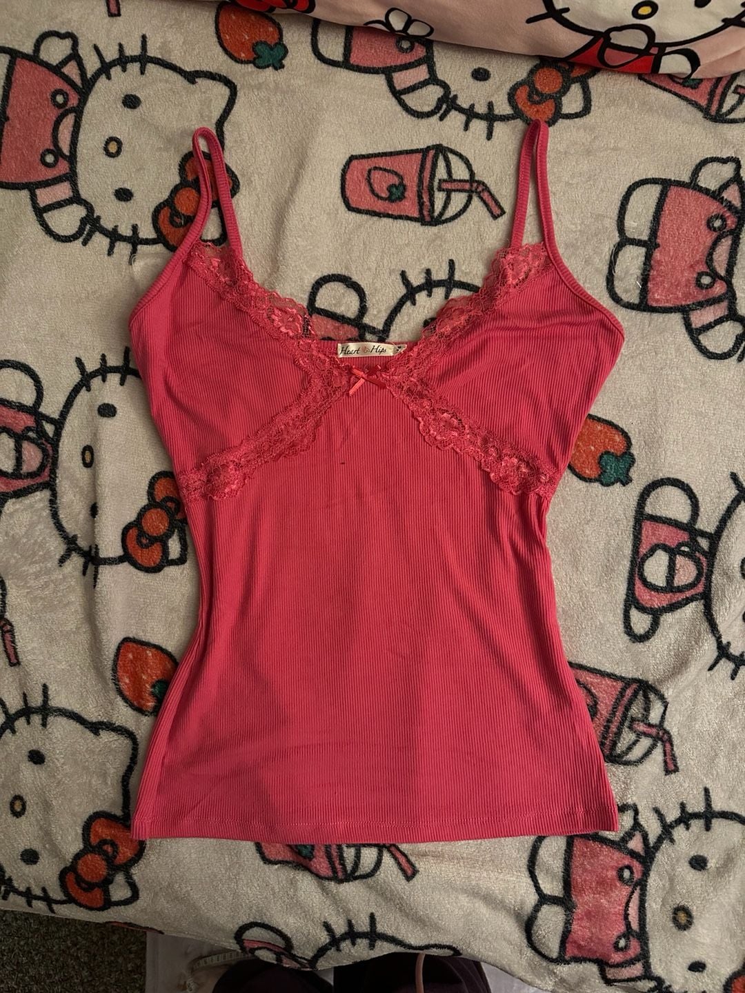 Heart & Hips Pink Ribbed Lace Trim Cami Tank Top Medium Y2K Coquette 2