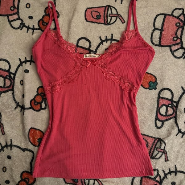 Heart & Hips Pink Ribbed Lace Trim Cami Tank Top Medium Y2K Coquette