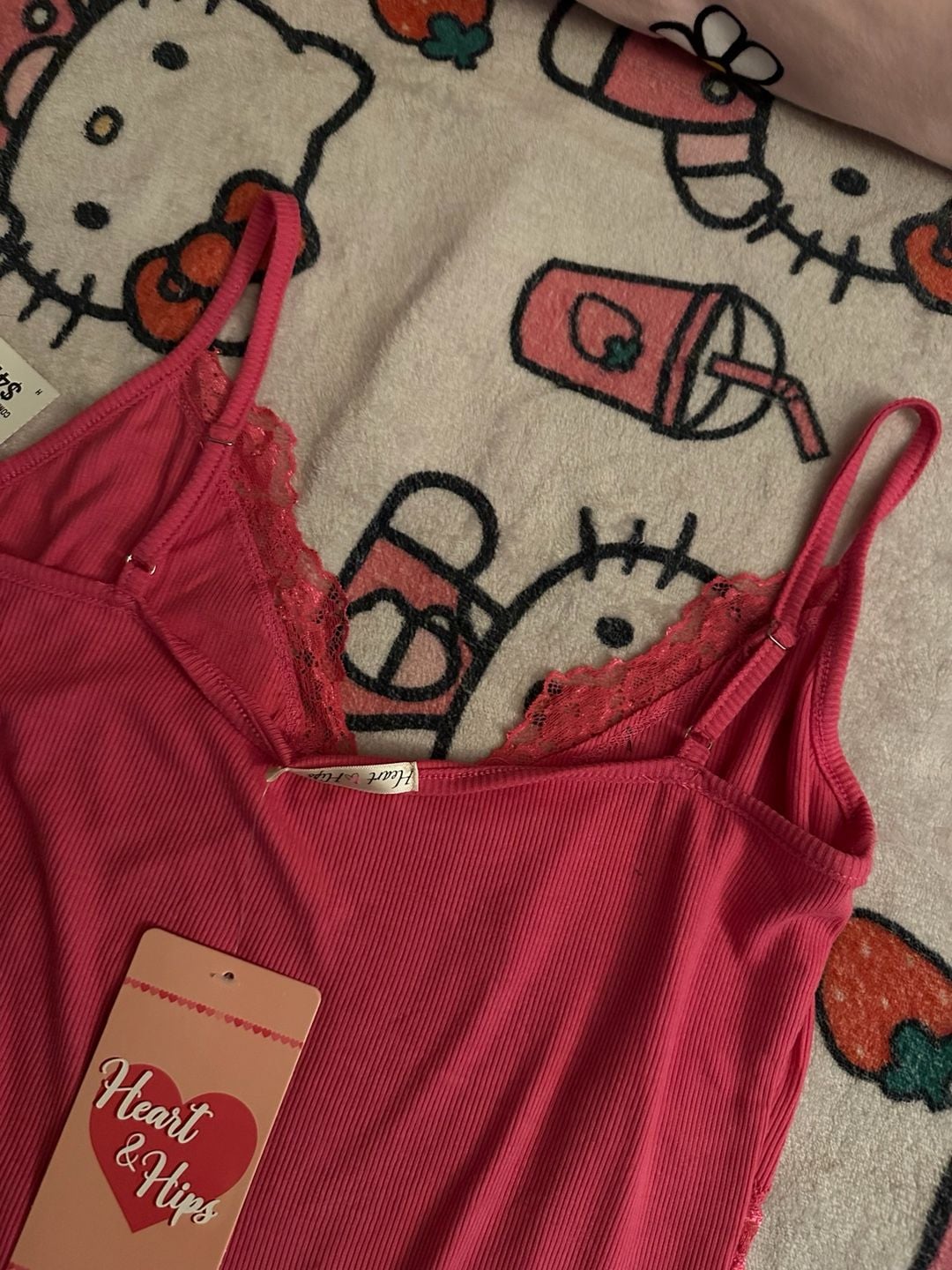 Heart & Hips Pink Ribbed Lace Trim Cami Tank Top Medium Y2K Coquette 5