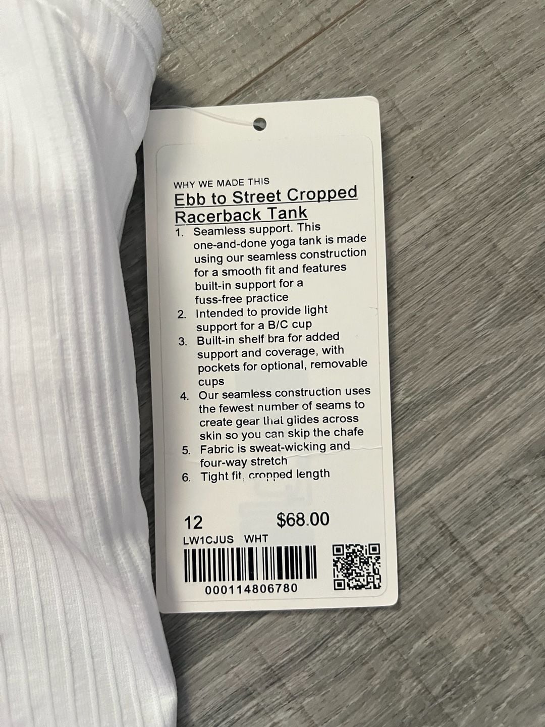 NWT Lululemon Ebb to Street Cropped Racerback Tank Top White Size 12 5
