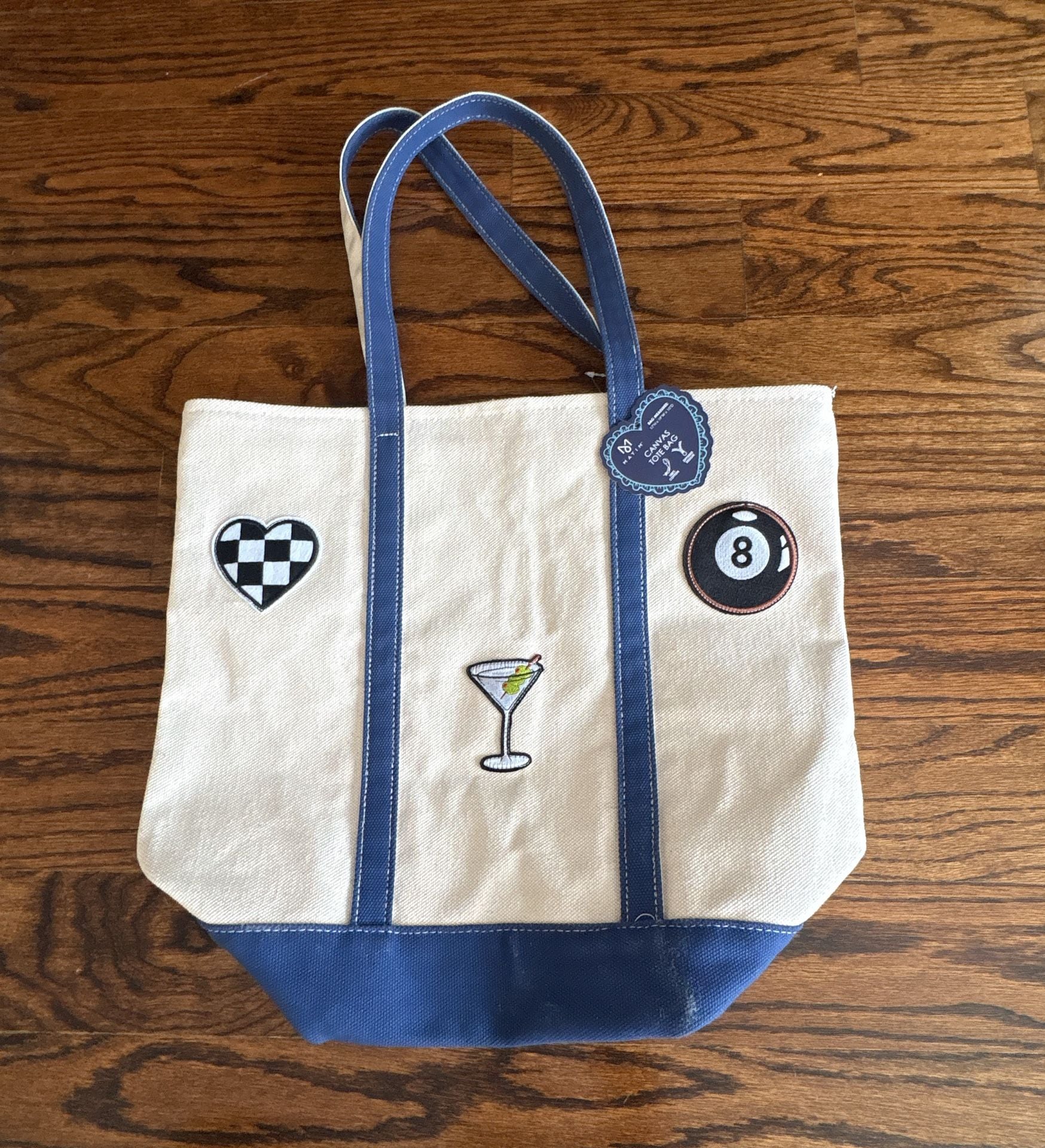 Matin Canvas Tote Bag with Patches Blue and Off-White 2