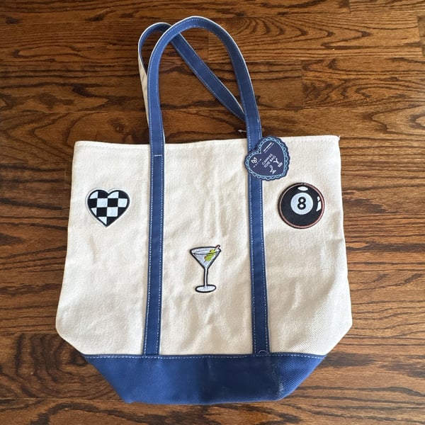 Matin Canvas Tote Bag with Patches Blue and Off-White
