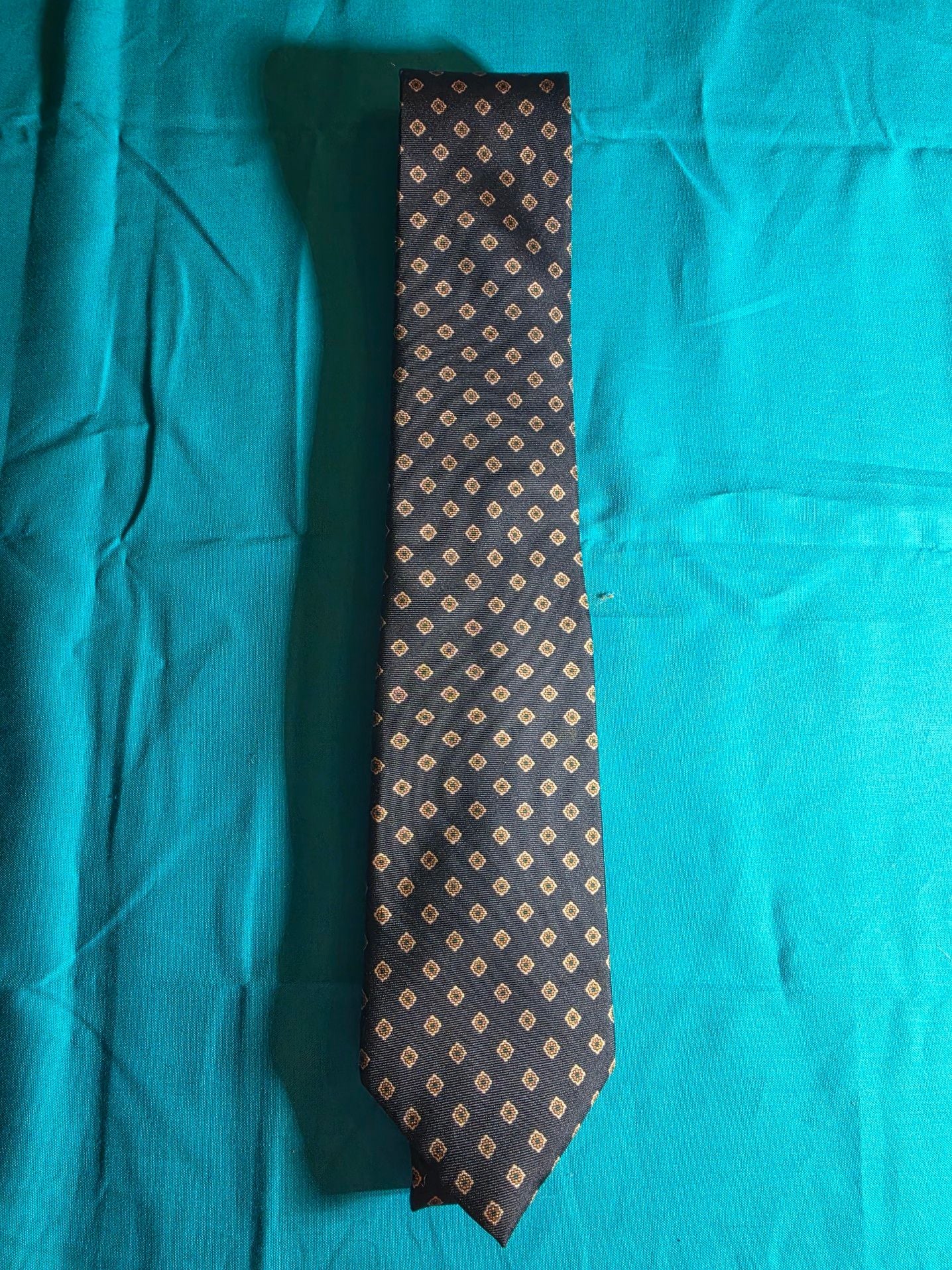 De Laurentis Vintage Navy Blue and Gold Geometric Medallion Silk Neck Tie 1