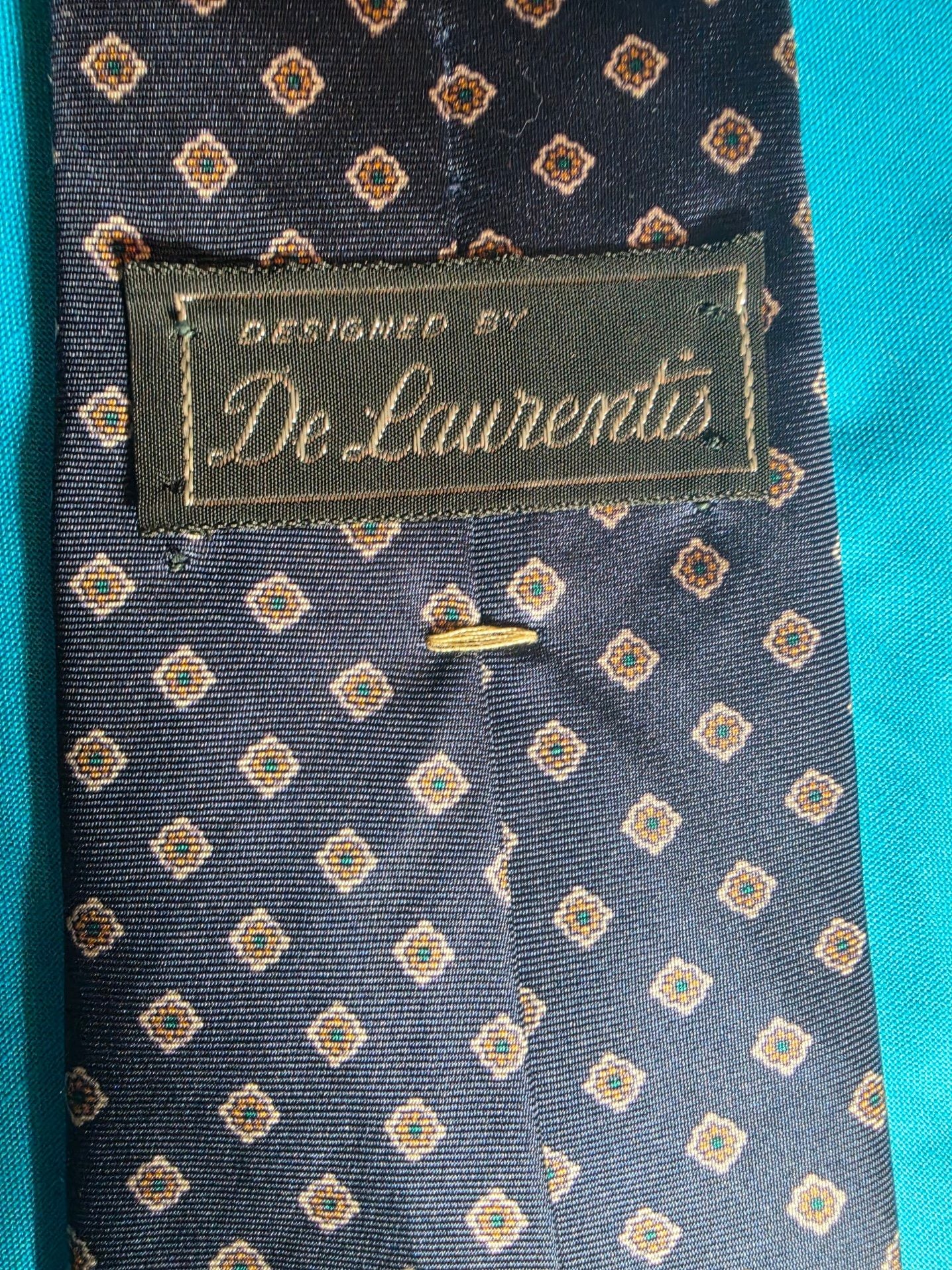 De Laurentis Vintage Navy Blue and Gold Geometric Medallion Silk Neck Tie 2