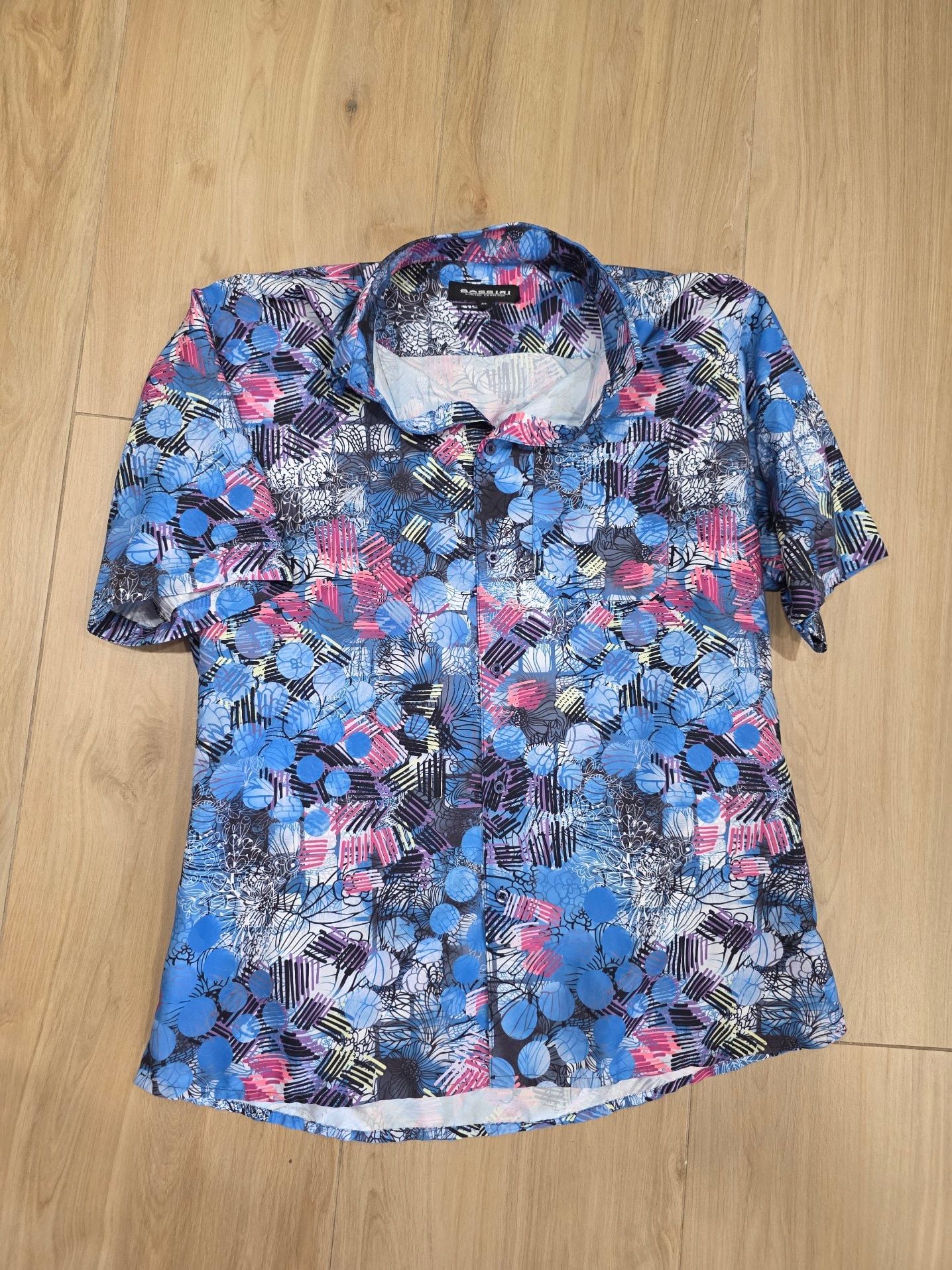 Bassiri Limited Collection Men's Blue Abstract Circle Floral Print Short Sleeve Button-Down Shirt 2