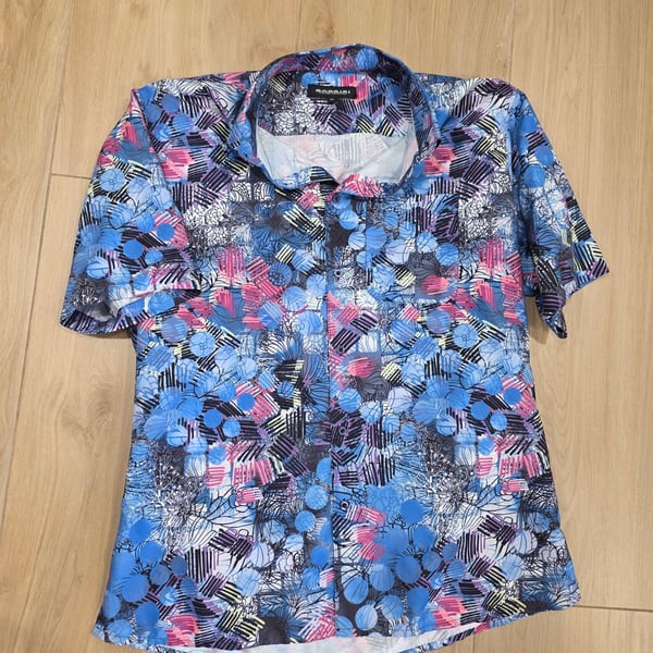 Bassiri Limited Collection Men's Blue Abstract Circle Floral Print Short Sleeve Button-Down Shirt