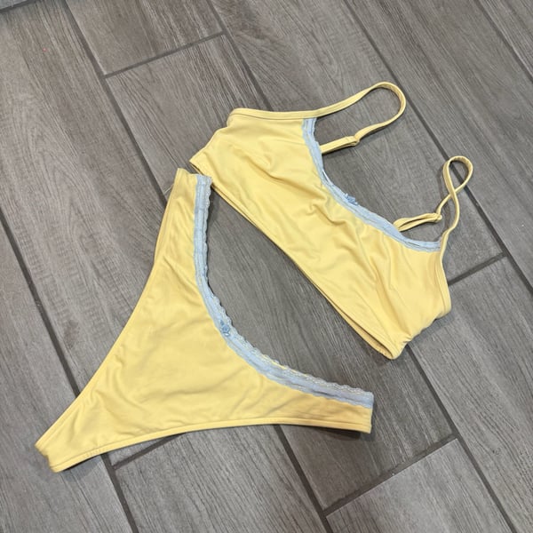Frankies Bikinis Yellow and Blue Lace Trim Bikini Set