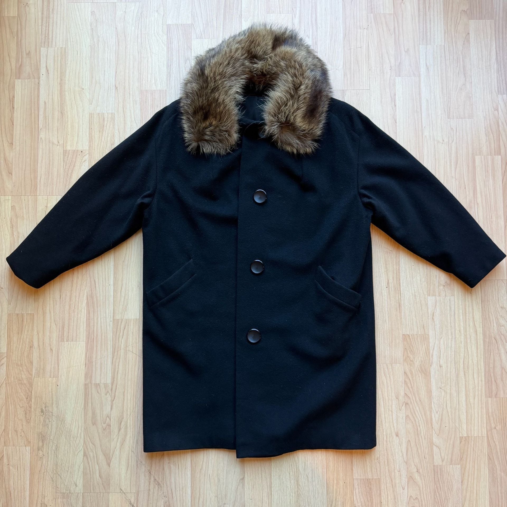 Vintage 60s Kennie Black Wool Car Coat Real Fur Collar Mid Century S/M 3