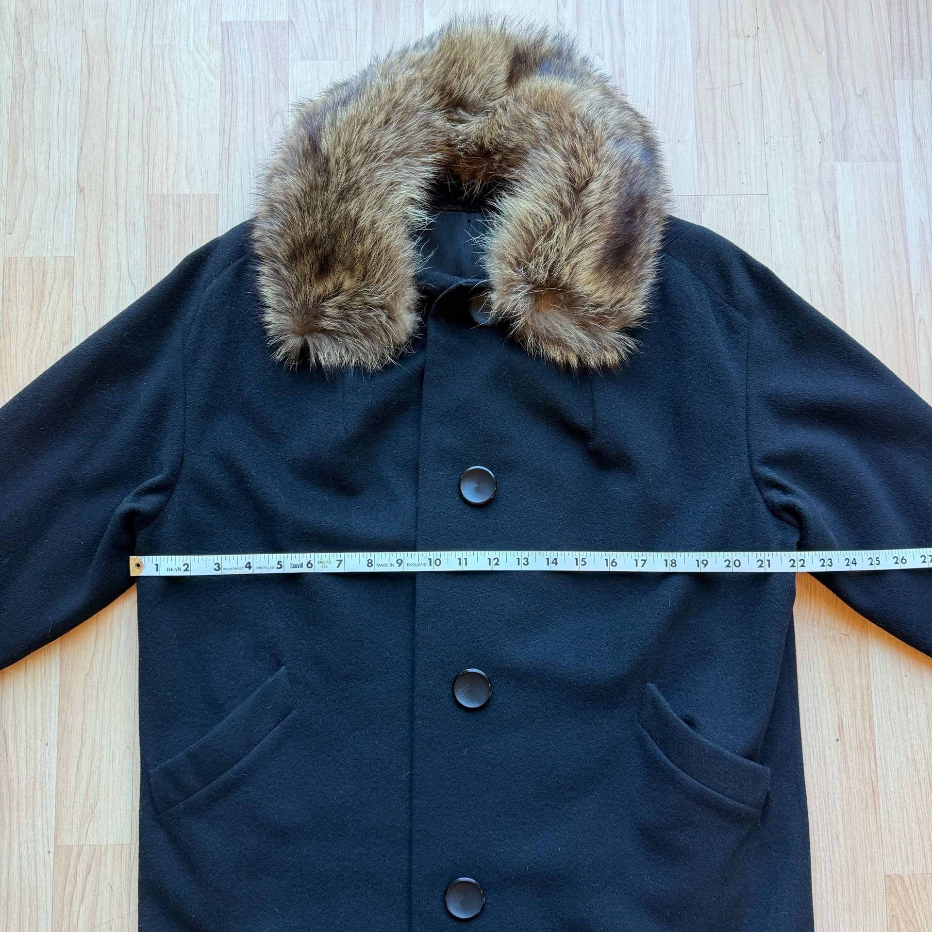 Vintage 60s Kennie Black Wool Car Coat Real Fur Collar Mid Century S/M 17