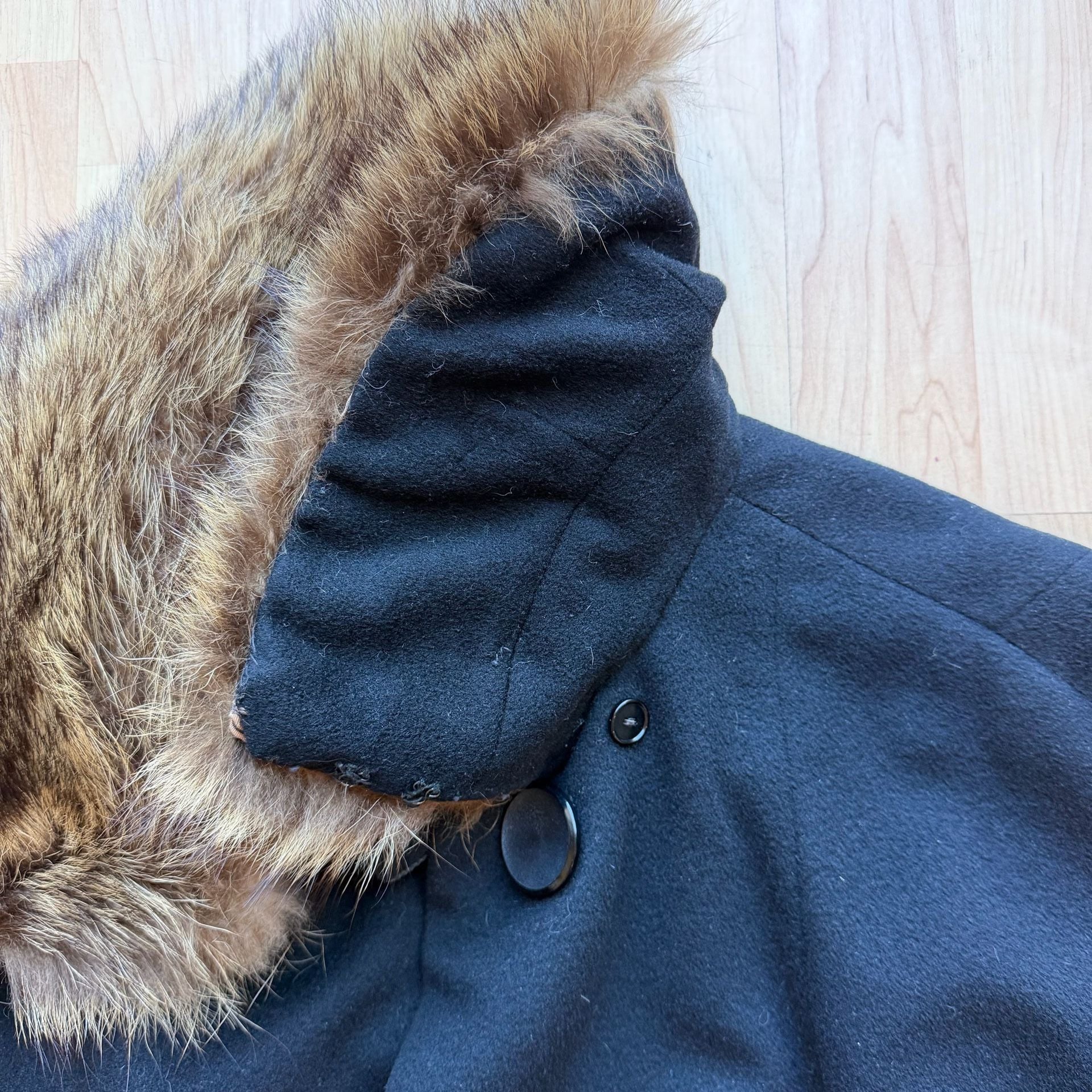 Vintage 60s Kennie Black Wool Car Coat Real Fur Collar Mid Century S/M 6