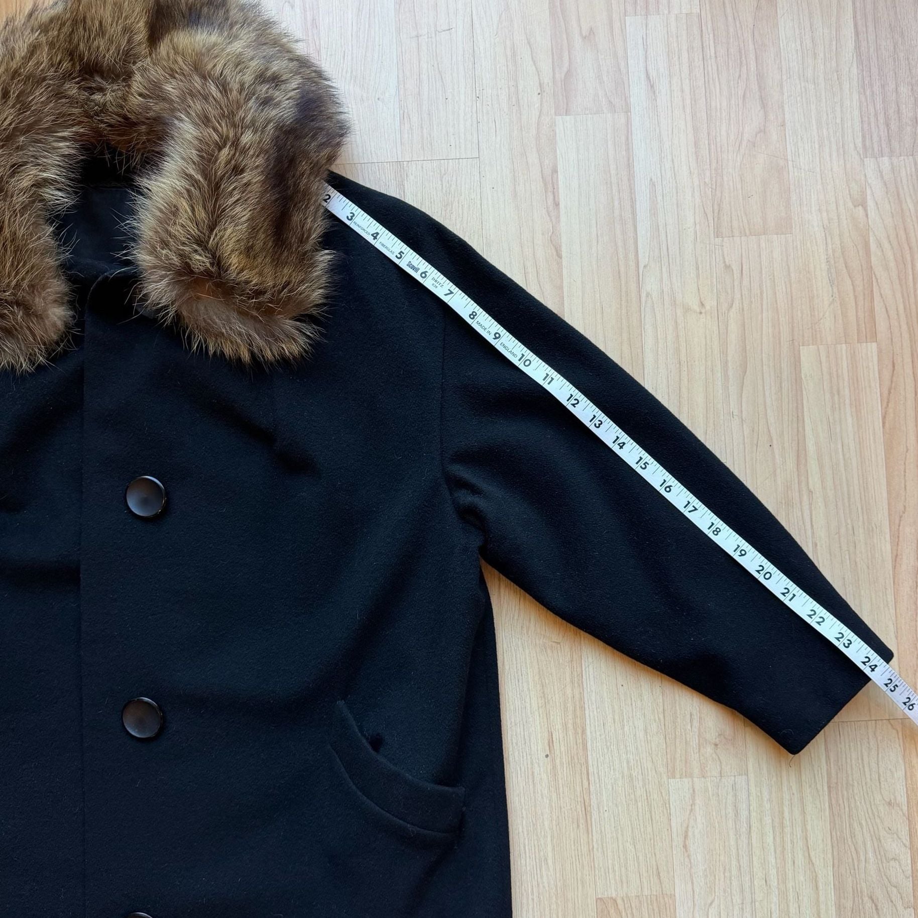 Vintage 60s Kennie Black Wool Car Coat Real Fur Collar Mid Century S/M 18