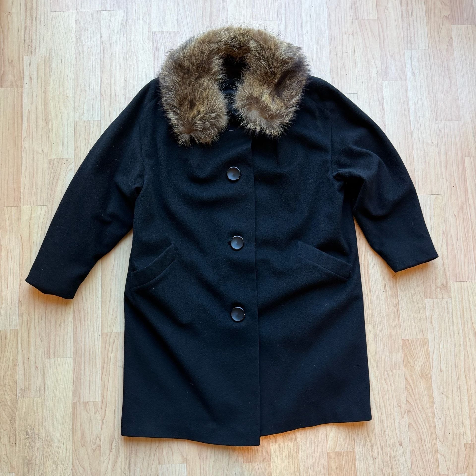 Vintage 60s Kennie Black Wool Car Coat Real Fur Collar Mid Century S/M 2