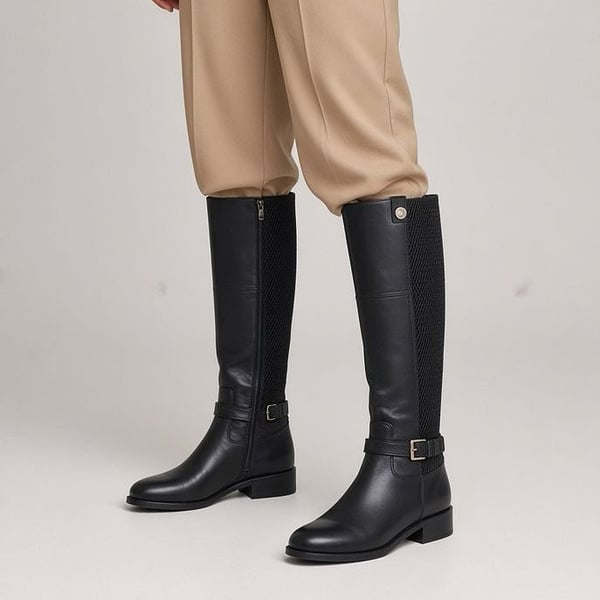 Cole Haan Black Leather Stretch Knee-High Riding Boots Size 8B Capsule Equestrian Quiet Luxury 