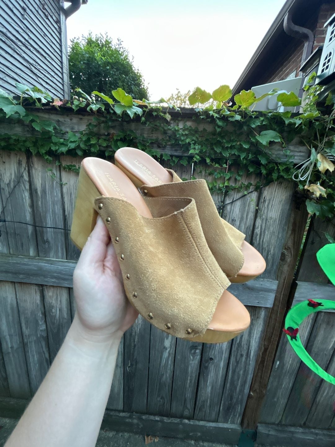 Anthropologie Tan Suede Leather Wood Platform Studded Clog Mules Size 7.5/8 2