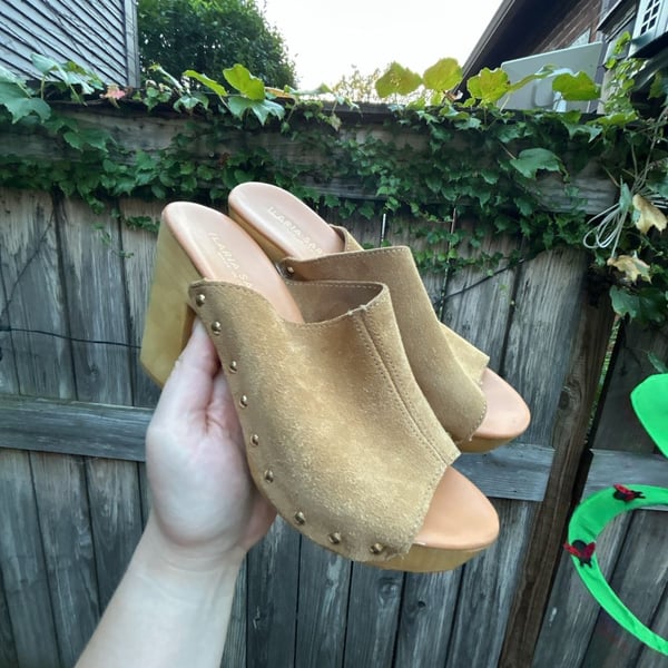 Anthropologie Tan Suede Leather Wood Platform Studded Clog Mules Size 7.5/8
