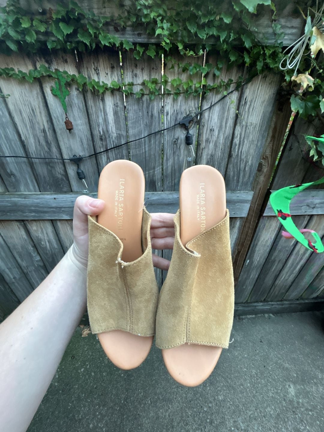 Anthropologie Tan Suede Leather Wood Platform Studded Clog Mules Size 7.5/8 3