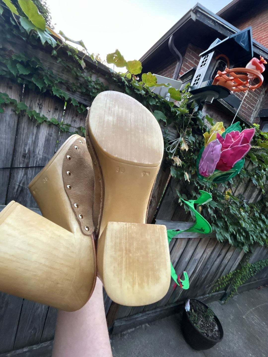 Anthropologie Tan Suede Leather Wood Platform Studded Clog Mules Size 7.5/8 6