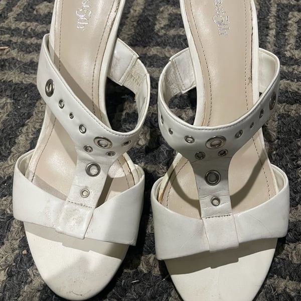 East 5th White Grommet Studded T-Strap Heeled Sandals