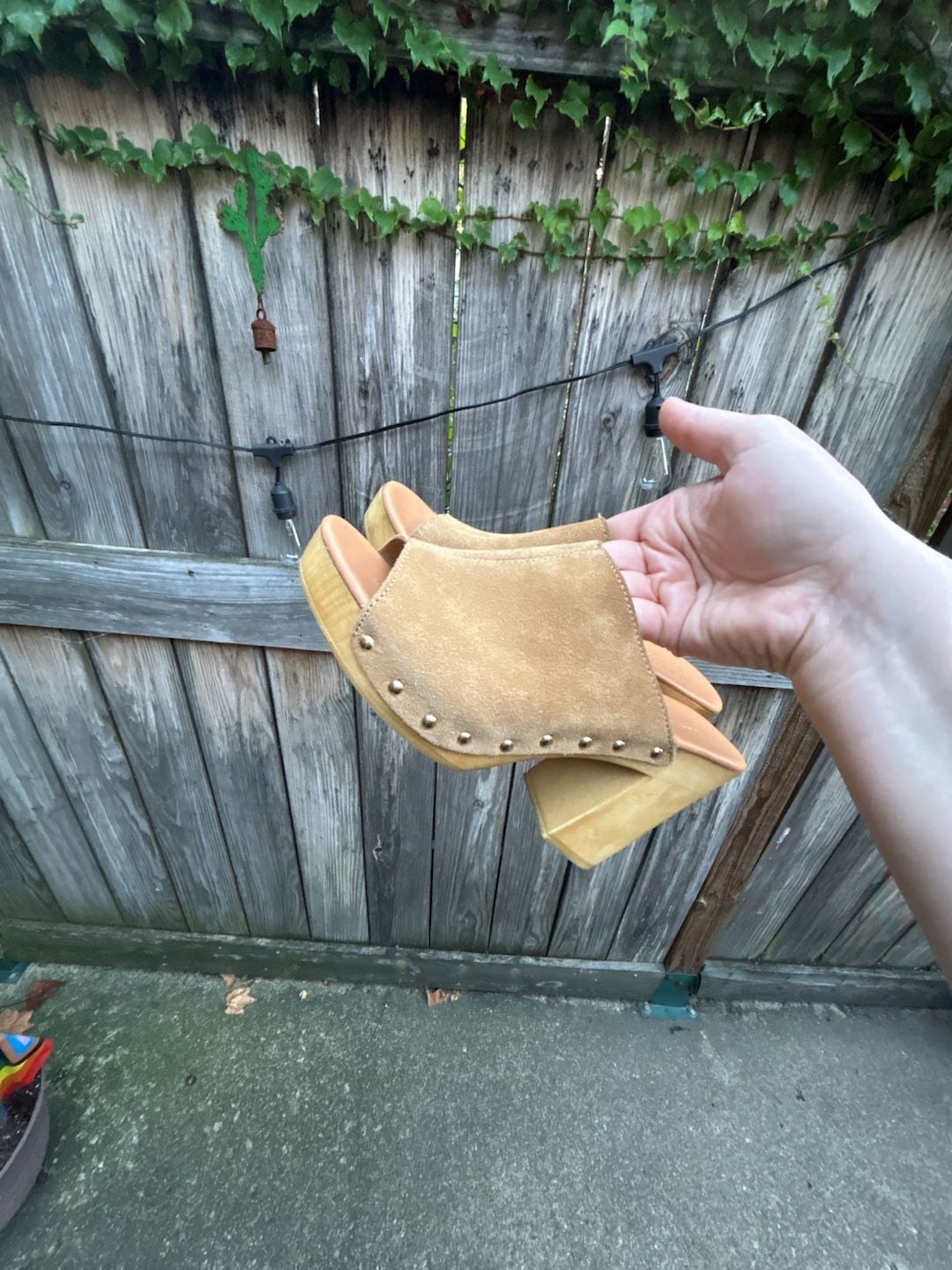 Anthropologie Tan Suede Leather Wood Platform Studded Clog Mules Size 7.5/8 7