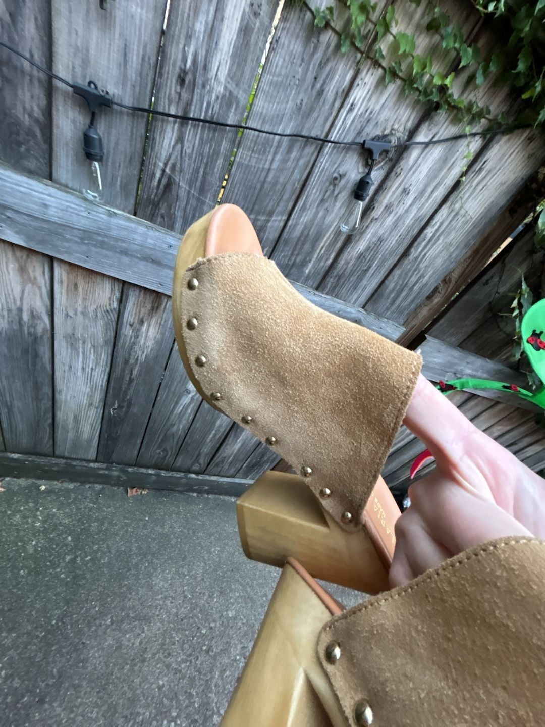 Anthropologie Tan Suede Leather Wood Platform Studded Clog Mules Size 7.5/8 8
