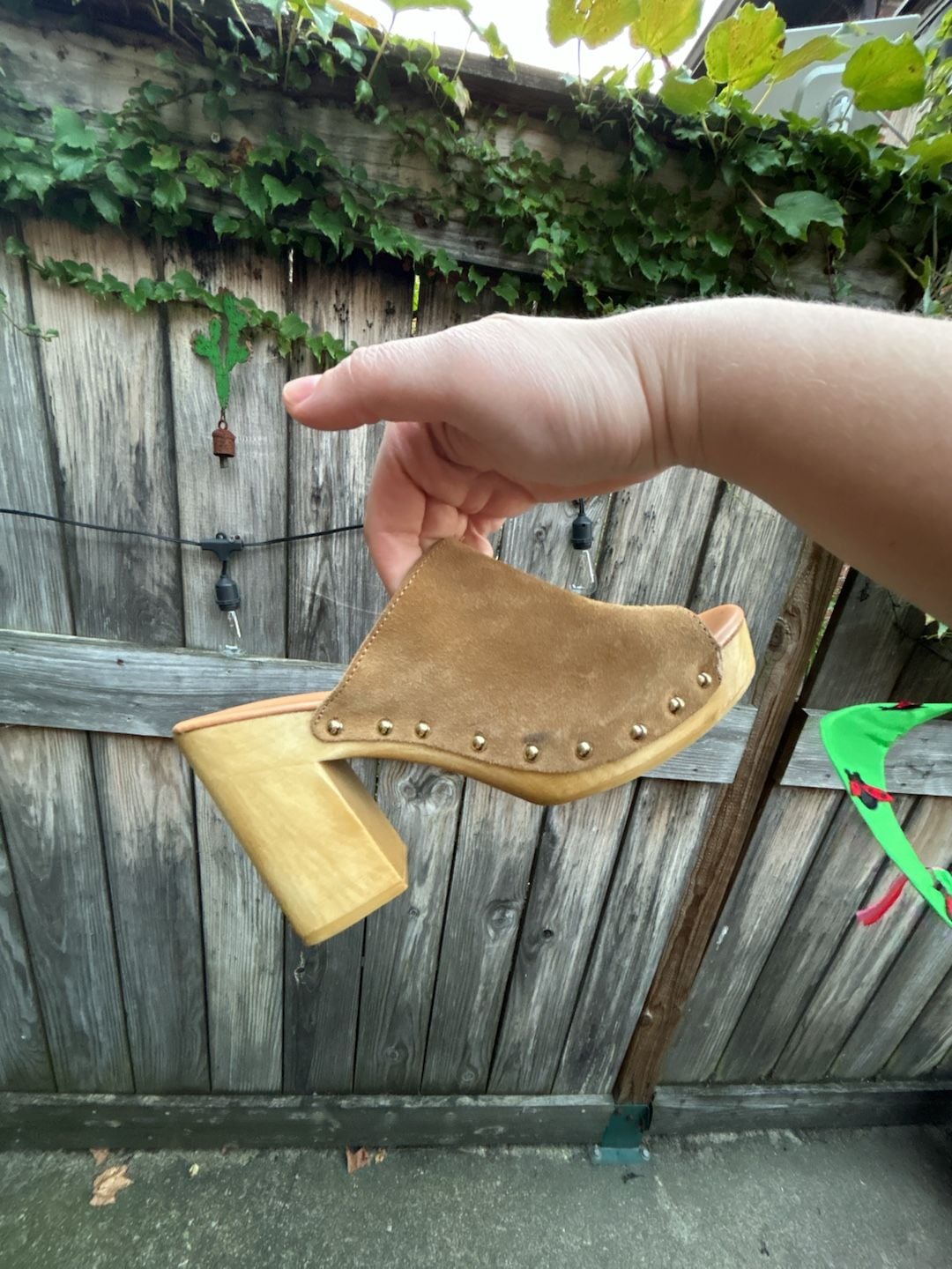 Anthropologie Tan Suede Leather Wood Platform Studded Clog Mules Size 7.5/8 9