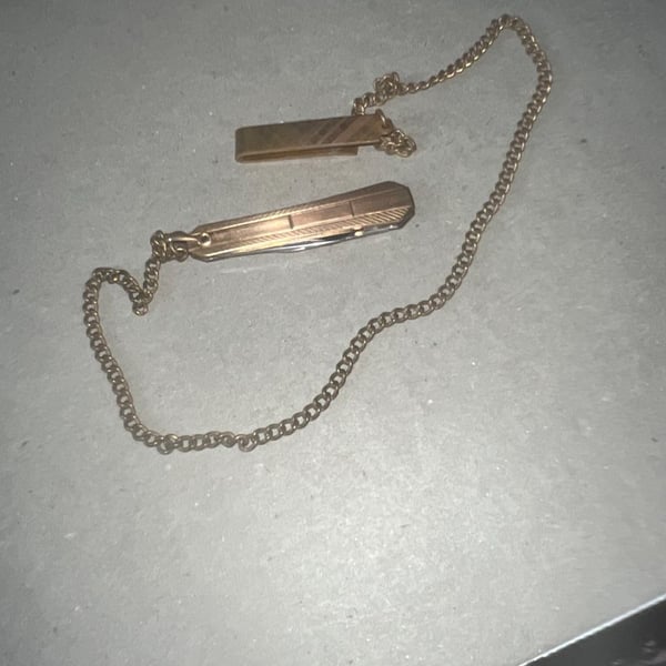 Vintage Gold Tone Pocket Knife Watch Chain and Tie Clip Set