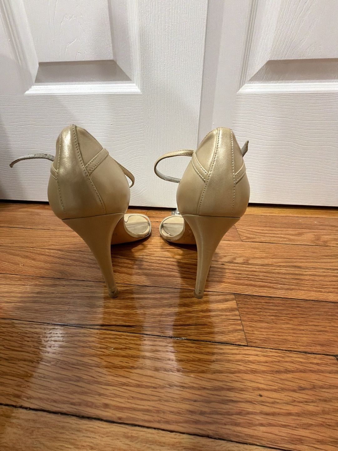 Stuart Weitzman Nude Leather T-Strap Stiletto Heels 3