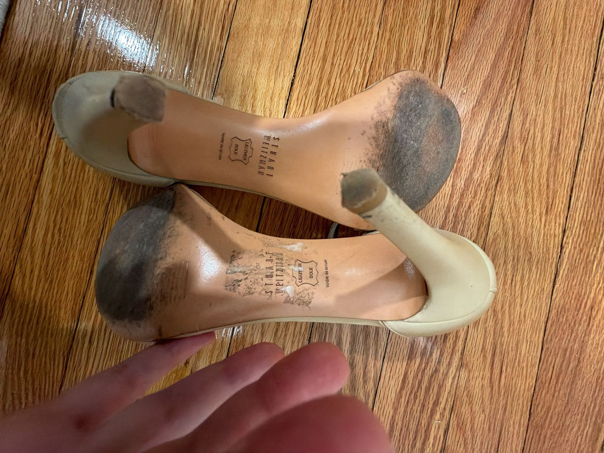 Stuart Weitzman Nude Leather T-Strap Stiletto Heels 4