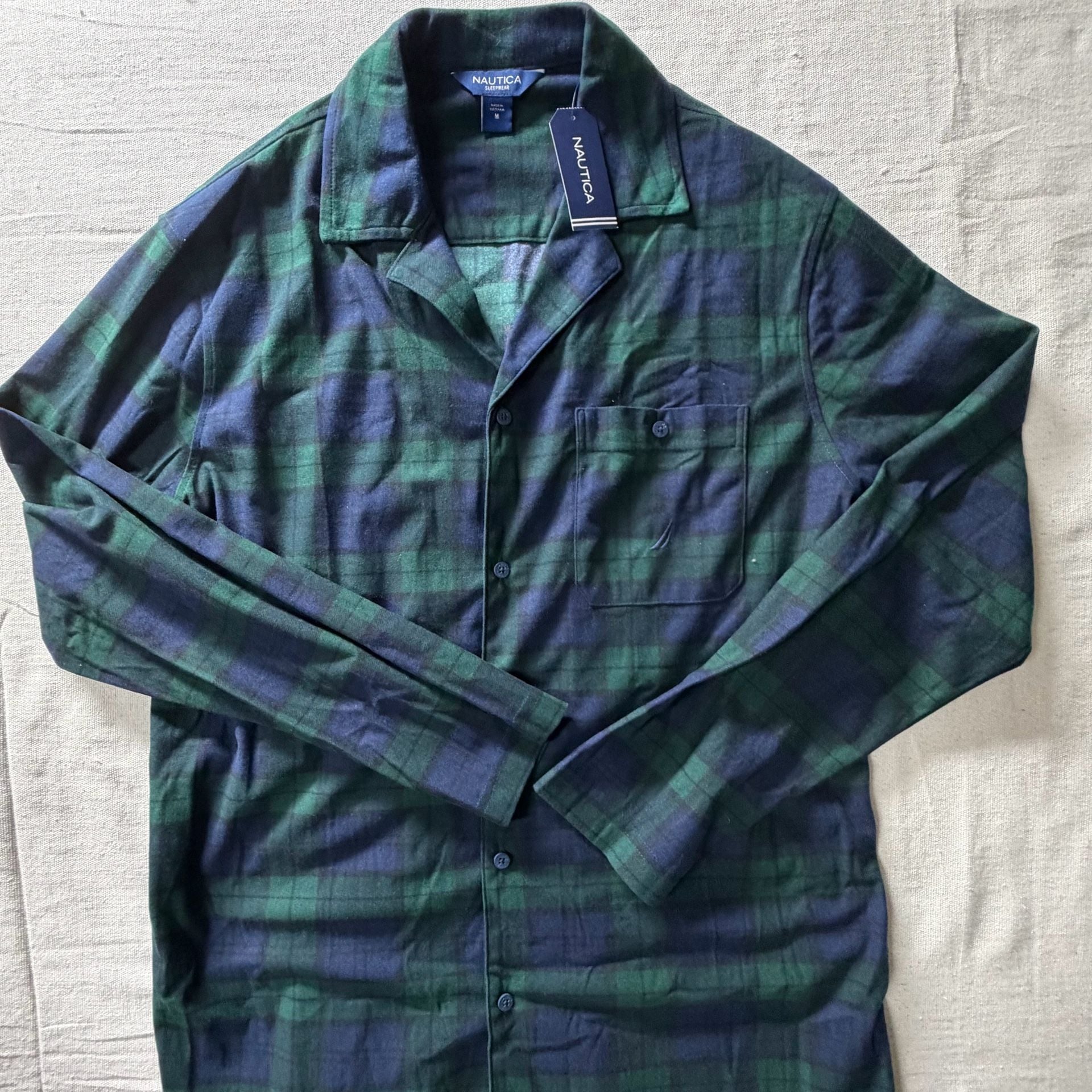 Nautica Men's Green and Navy Plaid Flannel Long Sleeve Pajama Set Size M 1