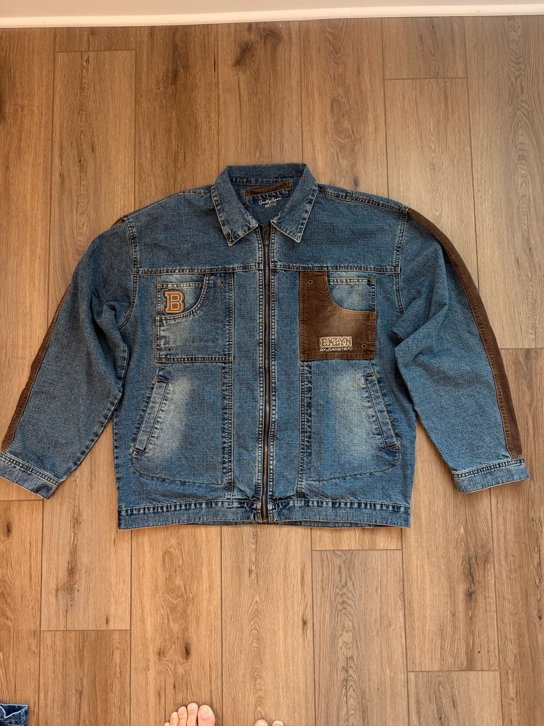 Brooklyn Xpress Vintage 90s Y2K Blue Denim & Corduroy Trim Zip Jacket 2