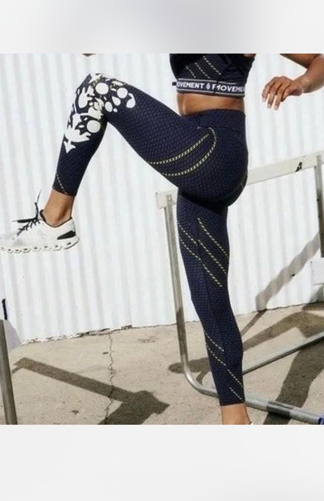 Free People Movement Never Better Graphic Leggings Large Navy Blue Athletic NWOT 12