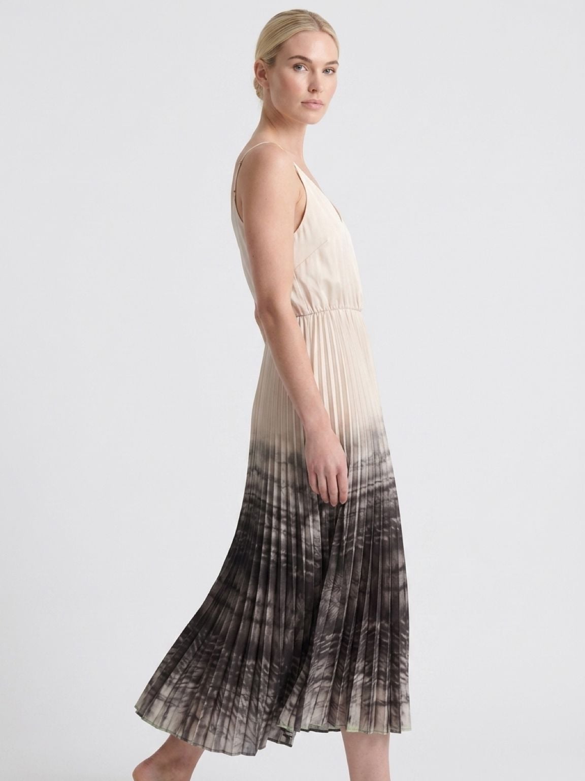 AllSaints Celilia Pleated Tie Dye Midi Dress Ecru White 2