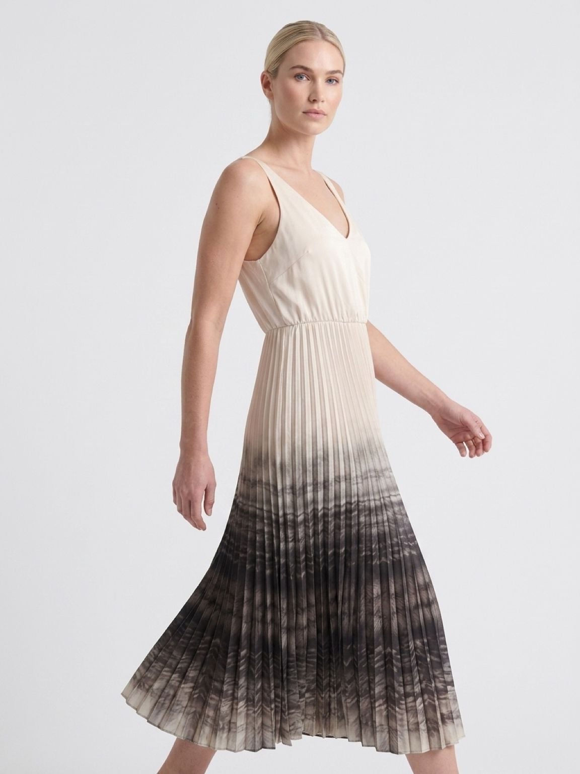 AllSaints Celilia Pleated Tie Dye Midi Dress Ecru White 4