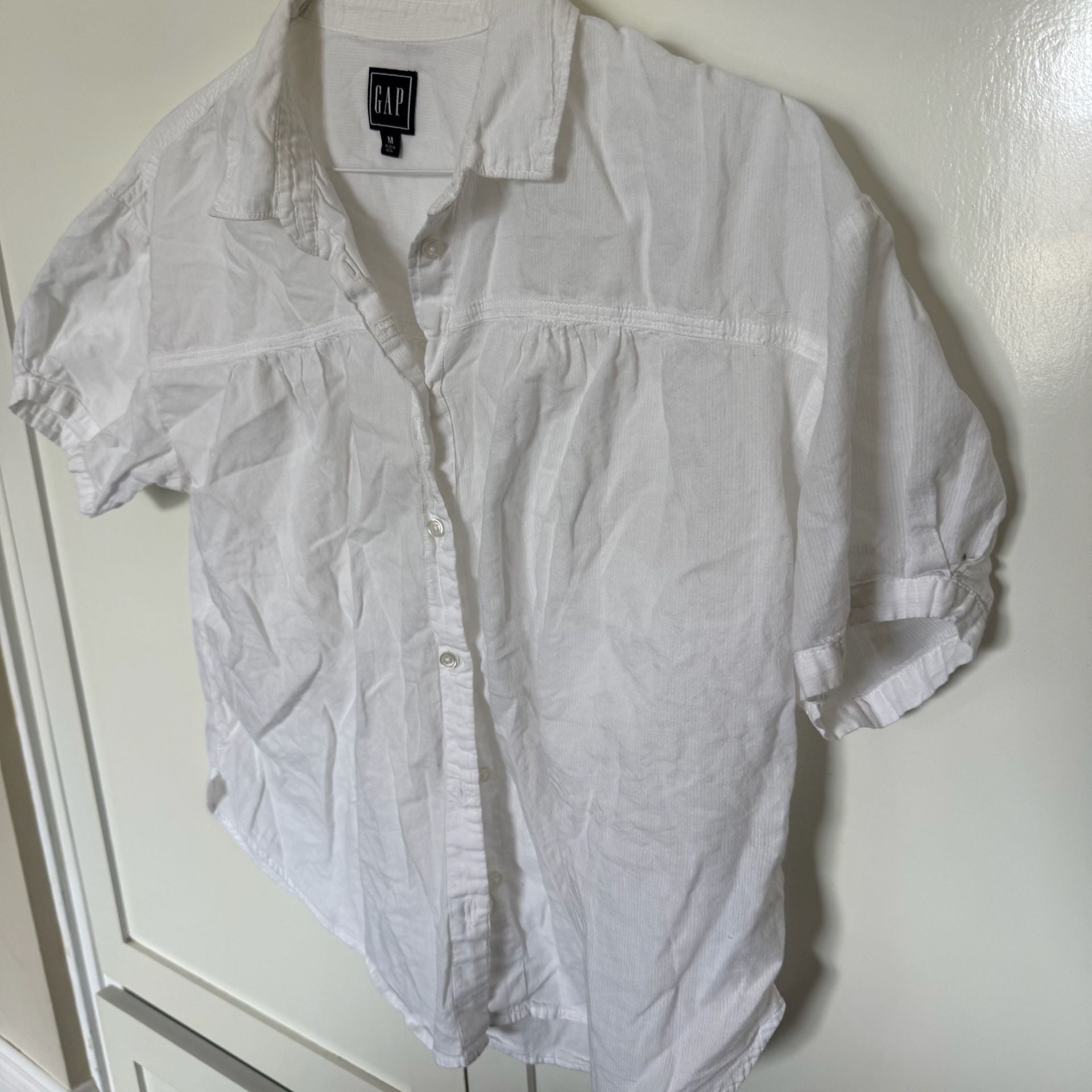 Gap White Short Sleeve Shirred Yoke Button Up Shirt Size M 5