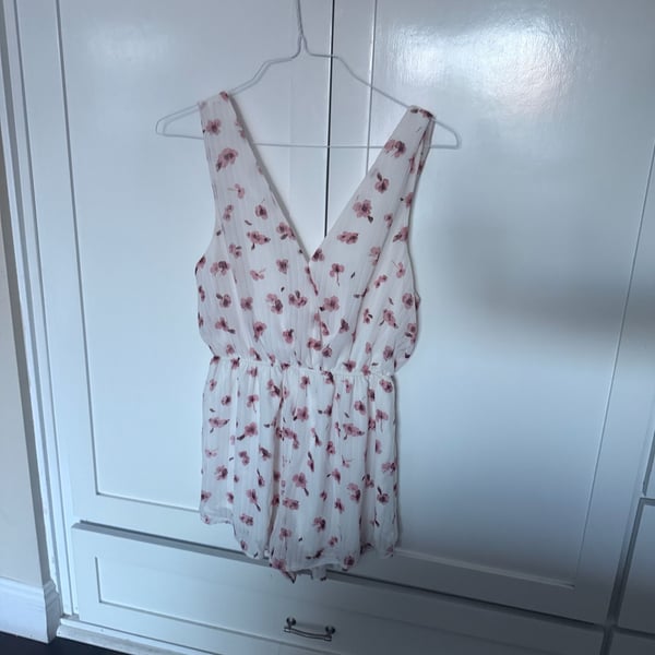 White Chiffon Pleated Floral Print V-Neck Romper