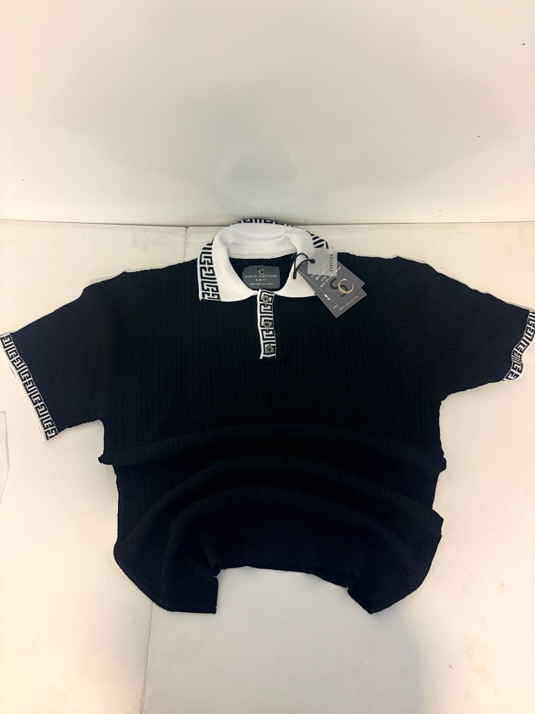 Suslo Couture Black Slim Fit Tech Fabric Polo Shirt with White Greca Collar Size M 2