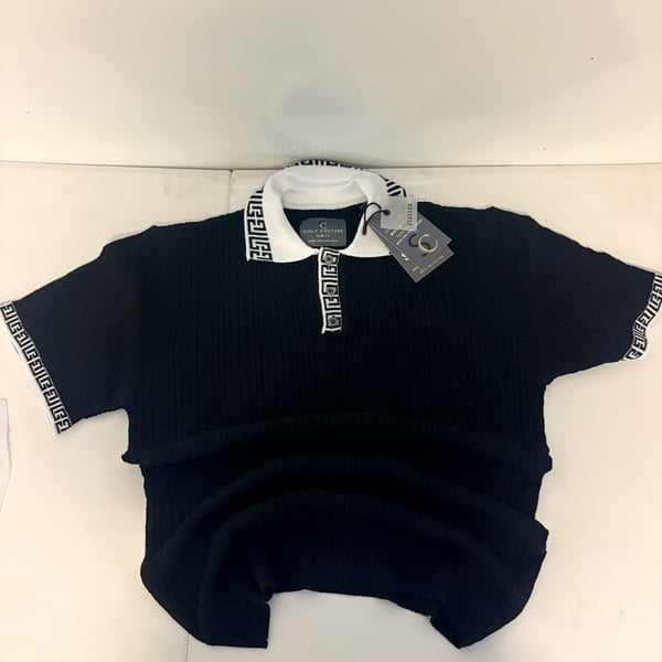 Suslo Couture Black Slim Fit Tech Fabric Polo Shirt with White Greca Collar Size M