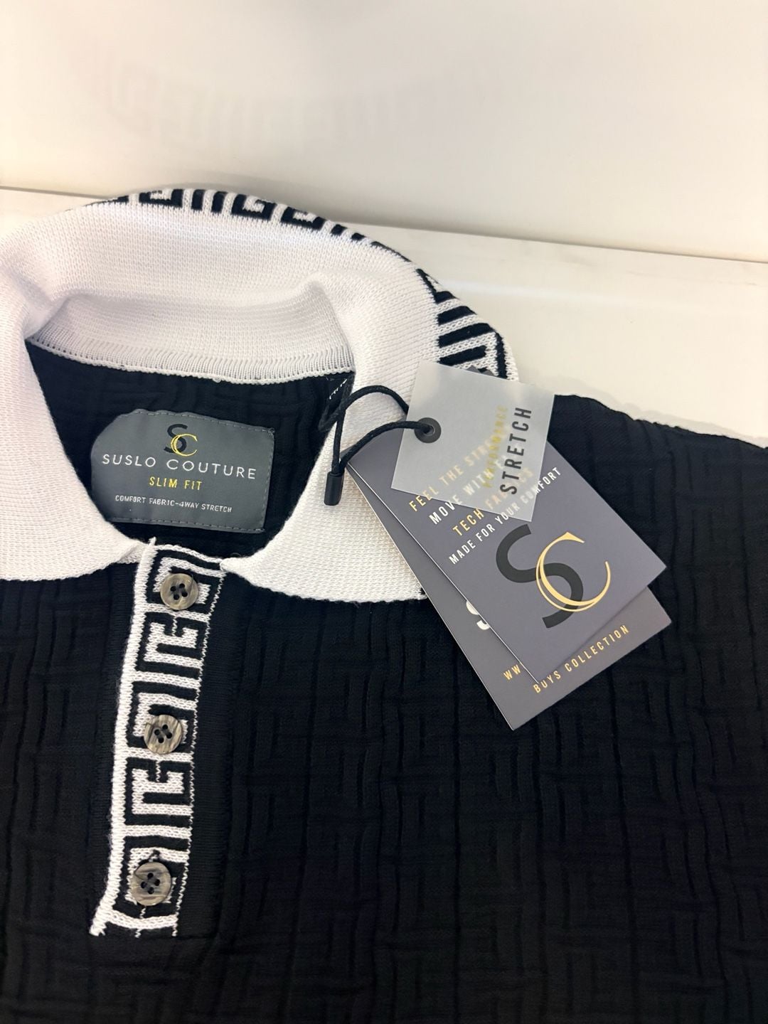 Suslo Couture Black Slim Fit Tech Fabric Polo Shirt with White Greca Collar Size M 3