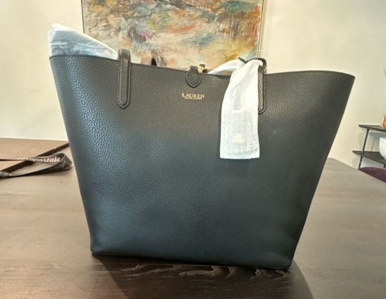 Ralph Lauren Faux-Leather Reversible Extra Large Tote bag black taupe gold NEW 8