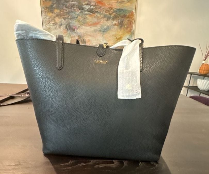 Ralph Lauren Faux-Leather Reversible Extra Large Tote bag black taupe gold NEW 9