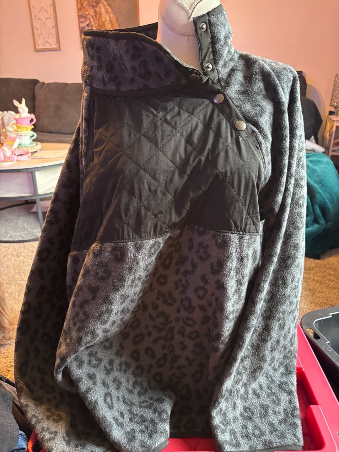 J. Crew Womens Gray Leopard Print Sherpa Quilted Snap Pullover Sweatshirt XXL 2