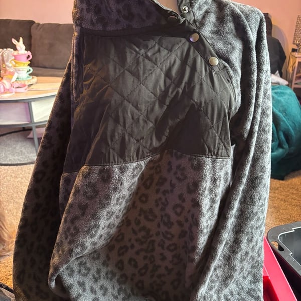 J. Crew Womens Gray Leopard Print Sherpa Quilted Snap Pullover Sweatshirt XXL