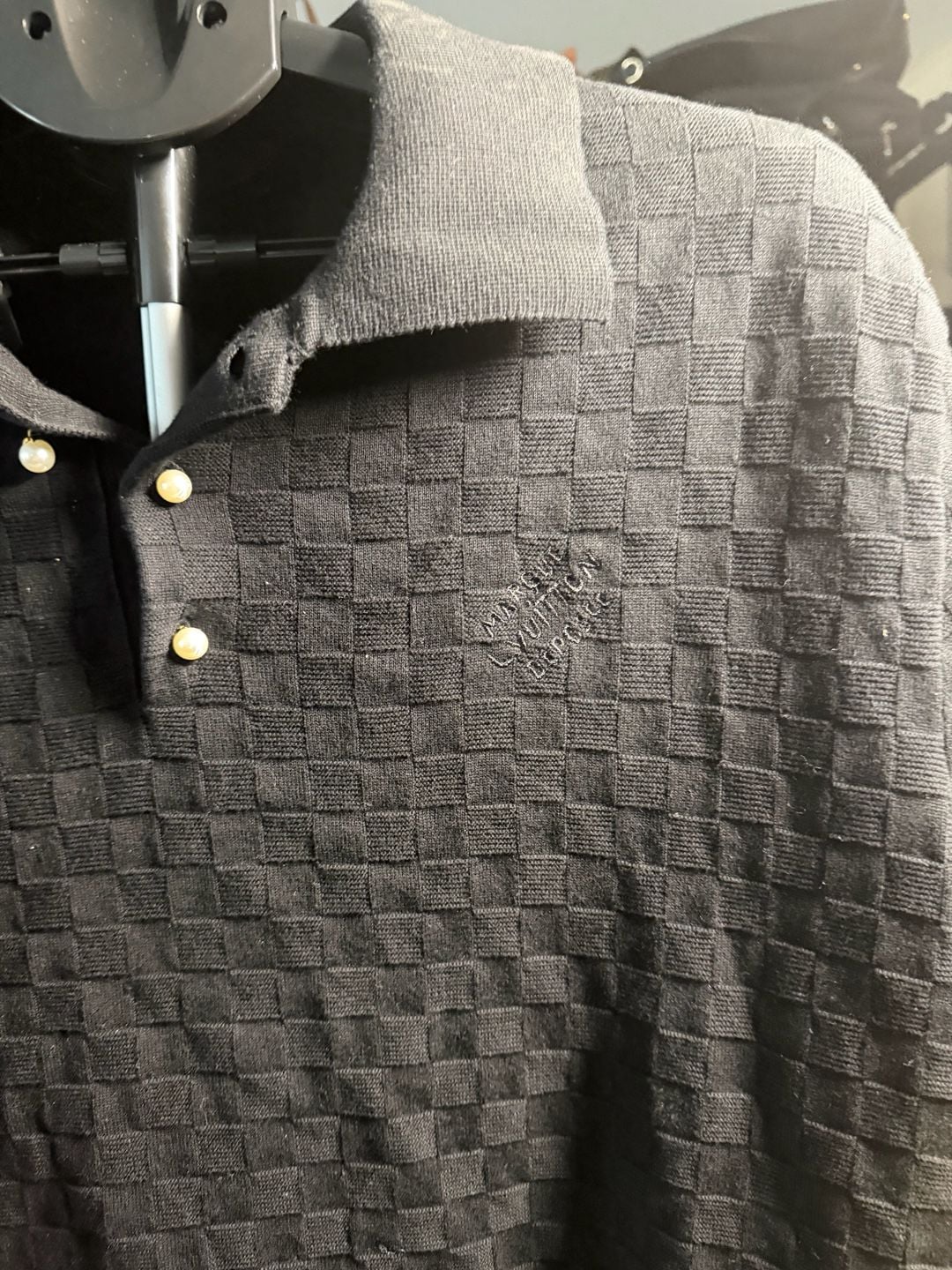 Louis Vuitton Black Damier Textured Knit Polo Shirt 5