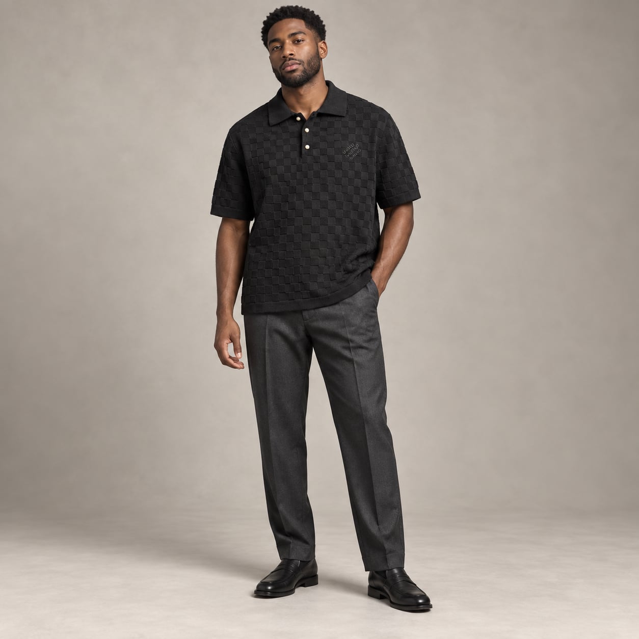 Louis Vuitton Black Damier Textured Knit Polo Shirt 3