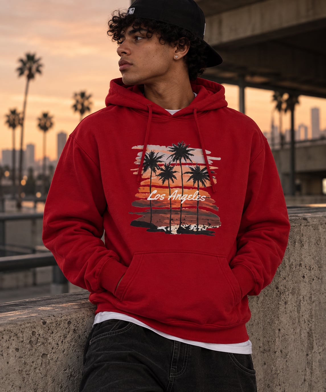 Los Angeles Palm Tree Sunset Graphic Print Red Drawstring Hoodie 2