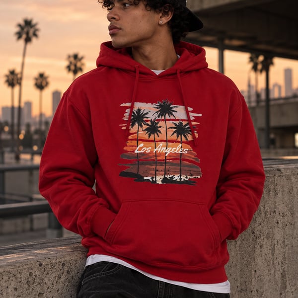 Los Angeles Palm Tree Sunset Graphic Print Red Drawstring Hoodie