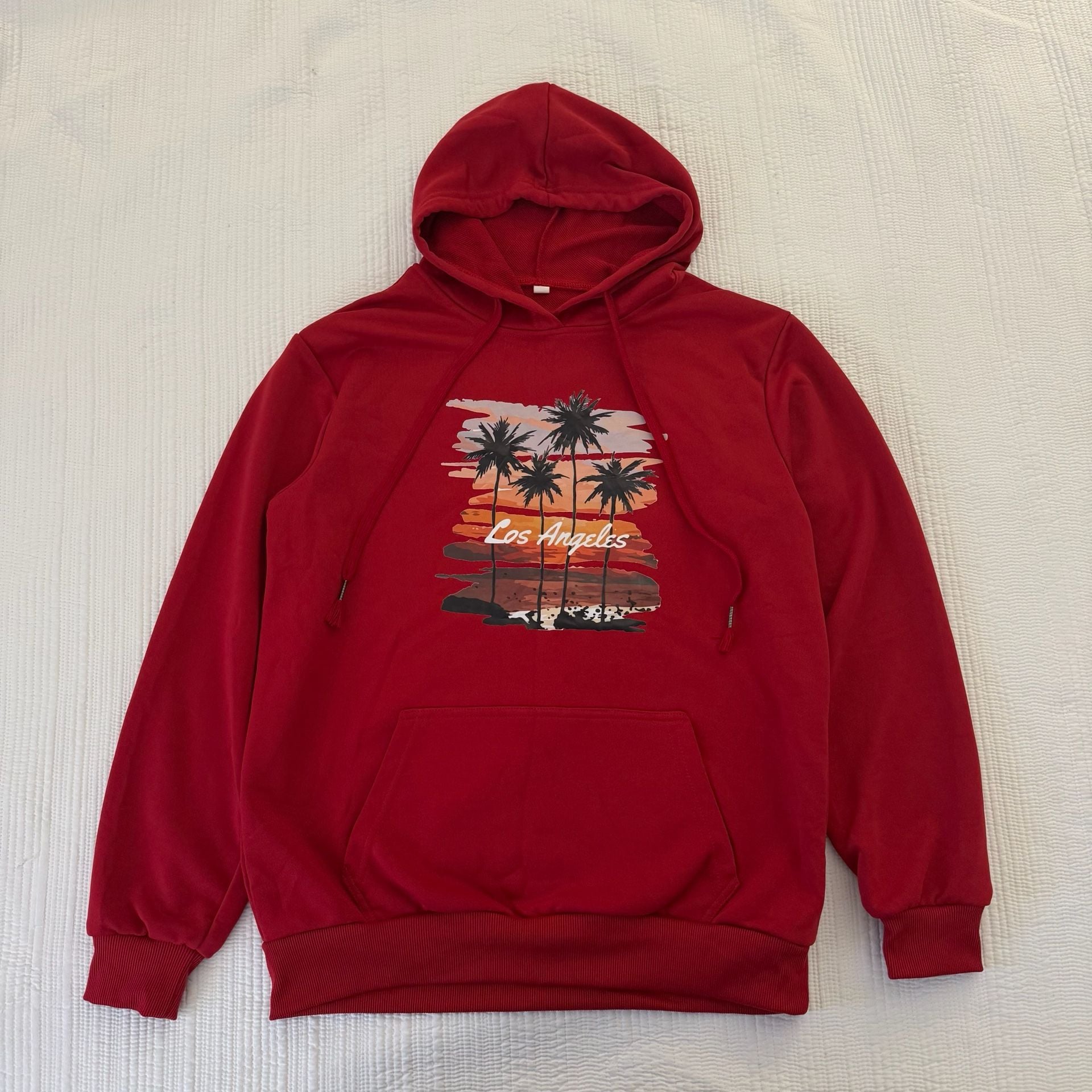 Los Angeles Palm Tree Sunset Graphic Print Red Drawstring Hoodie 3