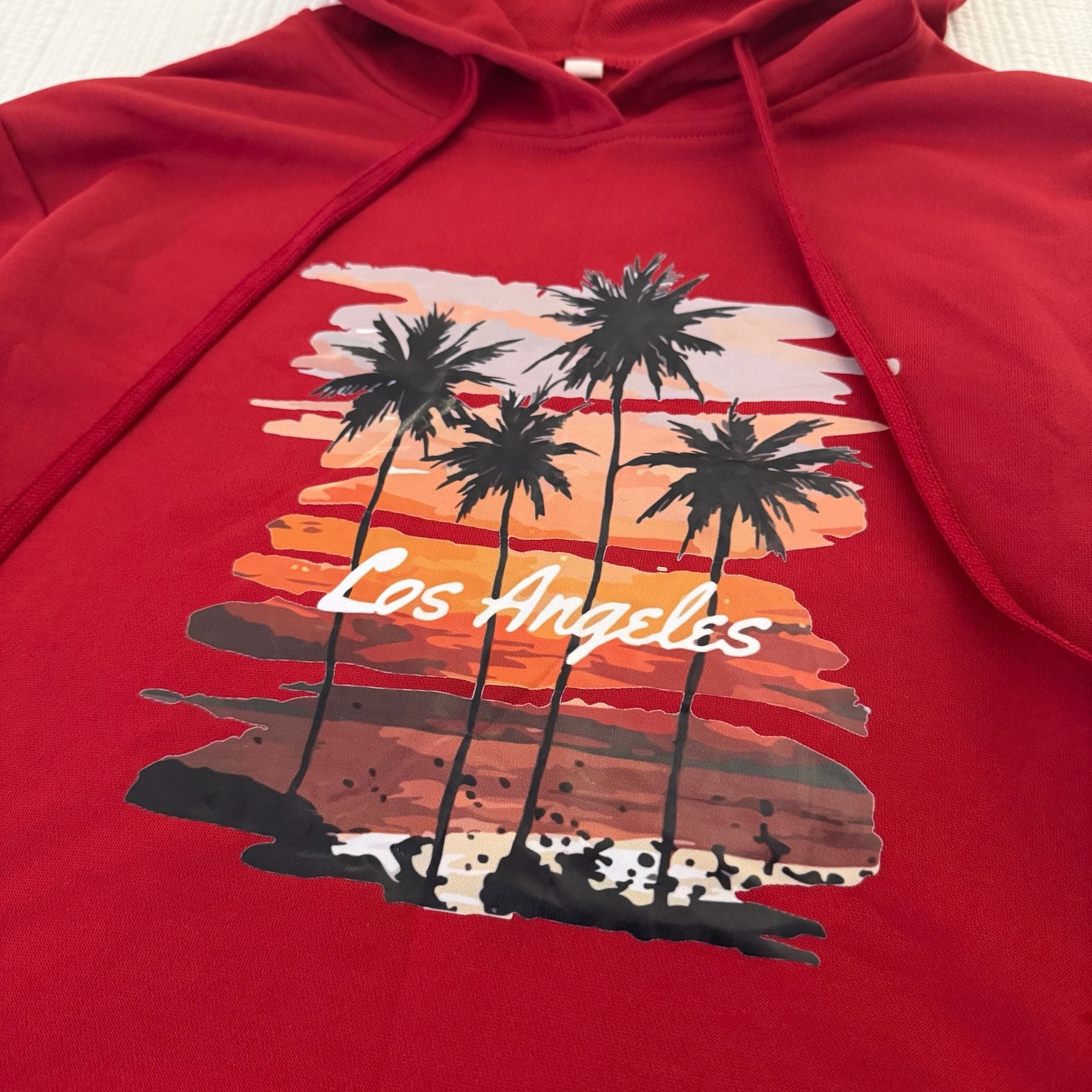 Los Angeles Palm Tree Sunset Graphic Print Red Drawstring Hoodie 4