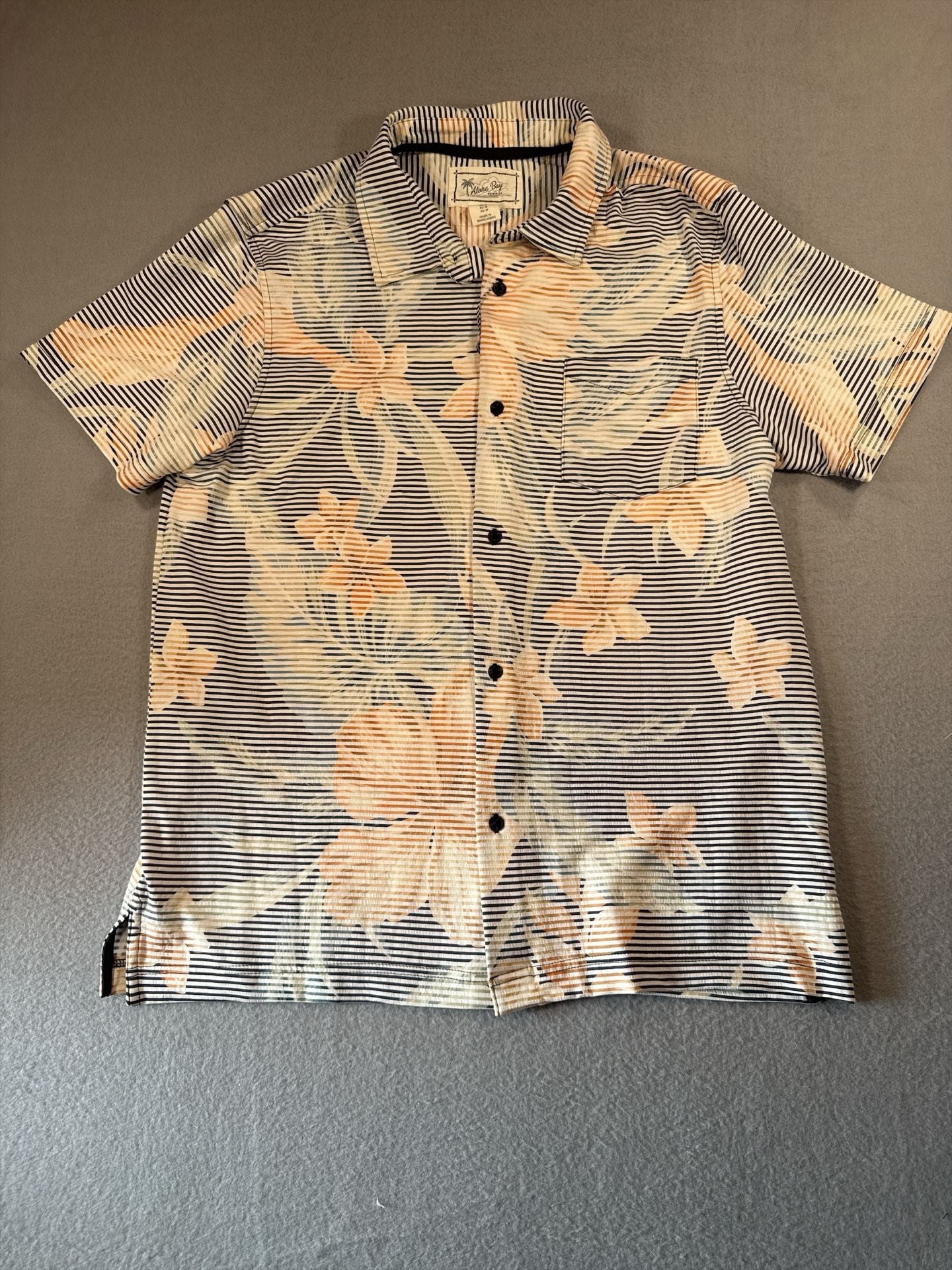 Aloha Bay Originals Men's Black Striped Orange Floral Short Sleeve Button-Down Shirt 3